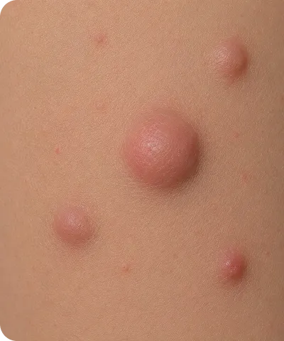Close-up of skin with multiple raised, red, inflamed bumps of varying sizes.