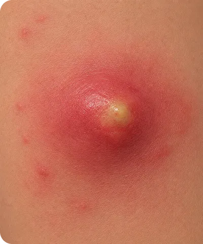 Skin with a large red, inflamed bump featuring a central yellow pus-filled head and smaller red bumps around it.