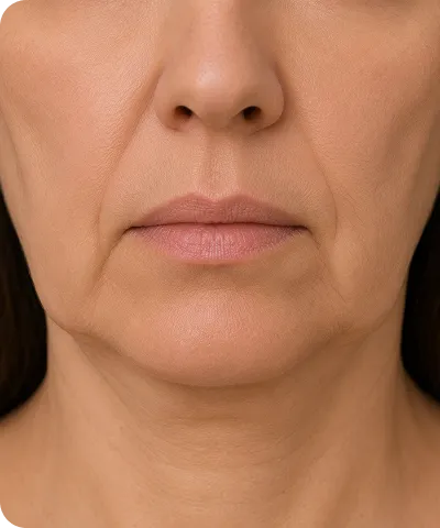 Close-up of the lower half of a middle-aged woman's face showing natural skin texture and subtle wrinkles.