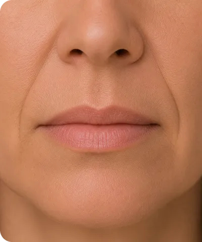 Close-up of a middle-aged person's lower face showing smooth lips and skin with fine wrinkles.