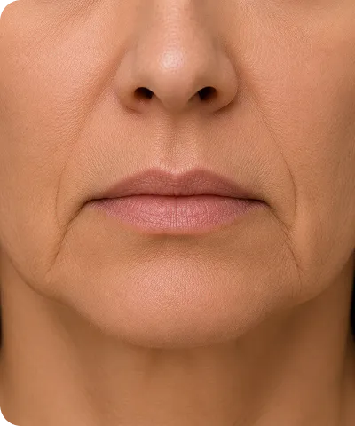 Close-up of the lower half of a mature person's face showing lips, nose, and skin wrinkles.