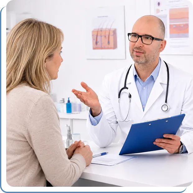 Male doctor with stethoscope consulting female patient in medical office.