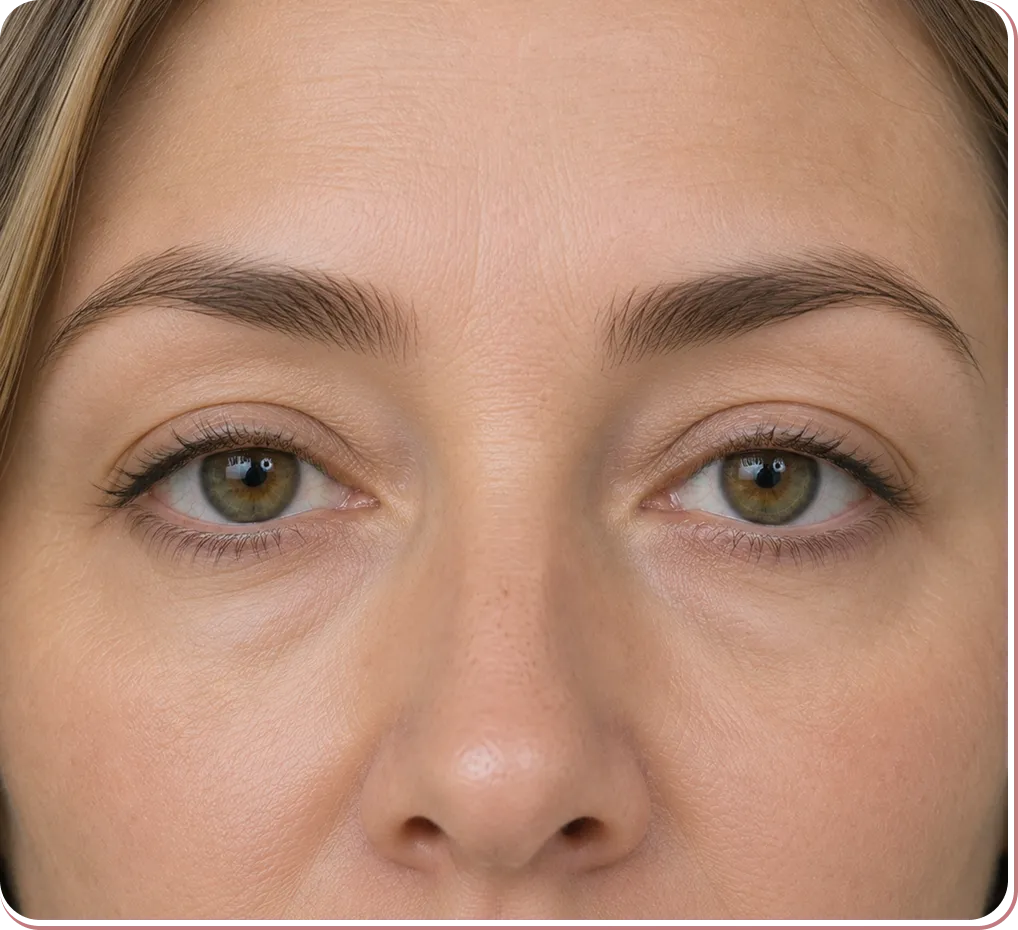 Close-up of a woman's face showing smooth skin and green eyes with light eyebrows.