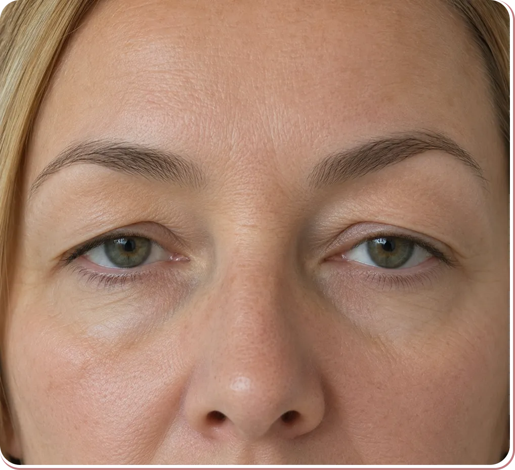 Close-up of a woman's face showing droopy eyelids and light green eyes.