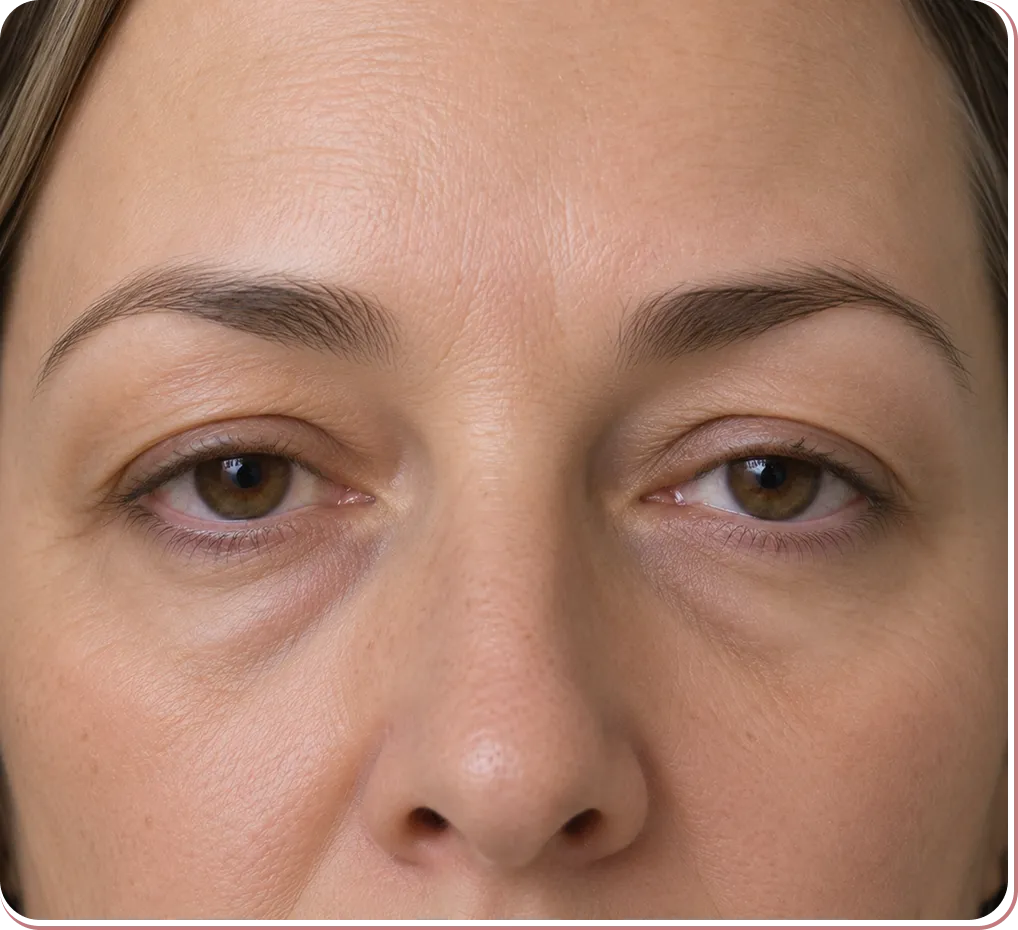 Close-up of a tired-looking face with puffy, slightly swollen lower eyelids and brown eyes.