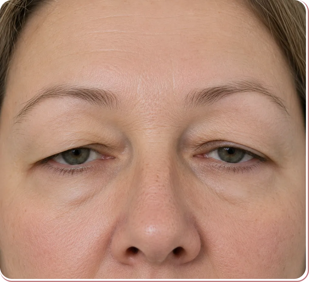Close-up of a person's eyes with visible puffiness and mild drooping eyelids.
