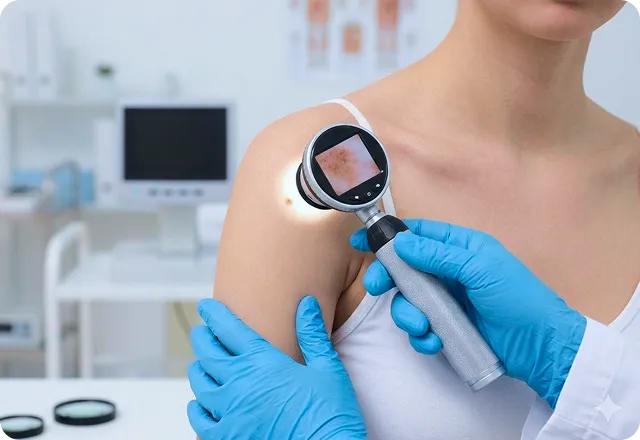 Doctor wearing blue gloves examining a skin lesion on a patient's shoulder with a dermatoscope in a clinical setting.