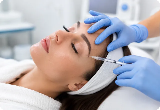 Woman receiving a cosmetic injection in the temple area during a dermatology treatment.