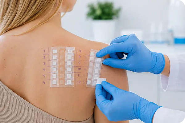 Person's back with numbered allergy test patches being applied by gloved hands.