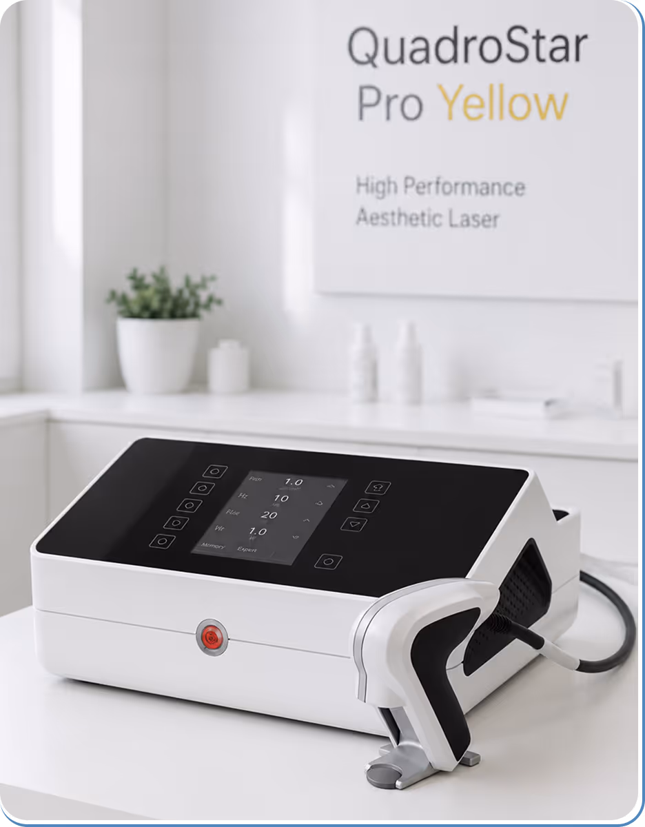 White high-performance aesthetic laser device with touchscreen and handheld applicator on a white table.
