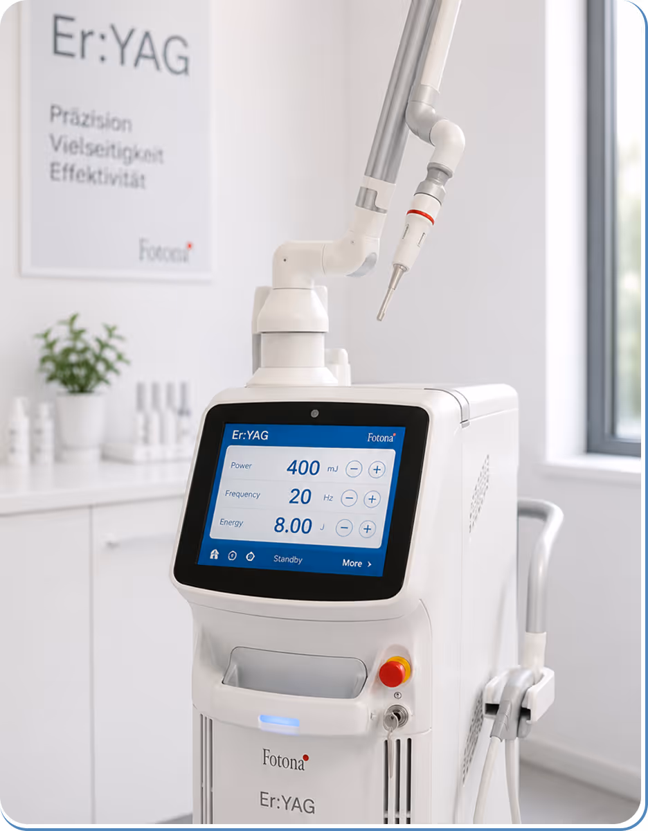 Fotona Er:YAG laser machine with touchscreen display showing power, frequency, and energy settings.
