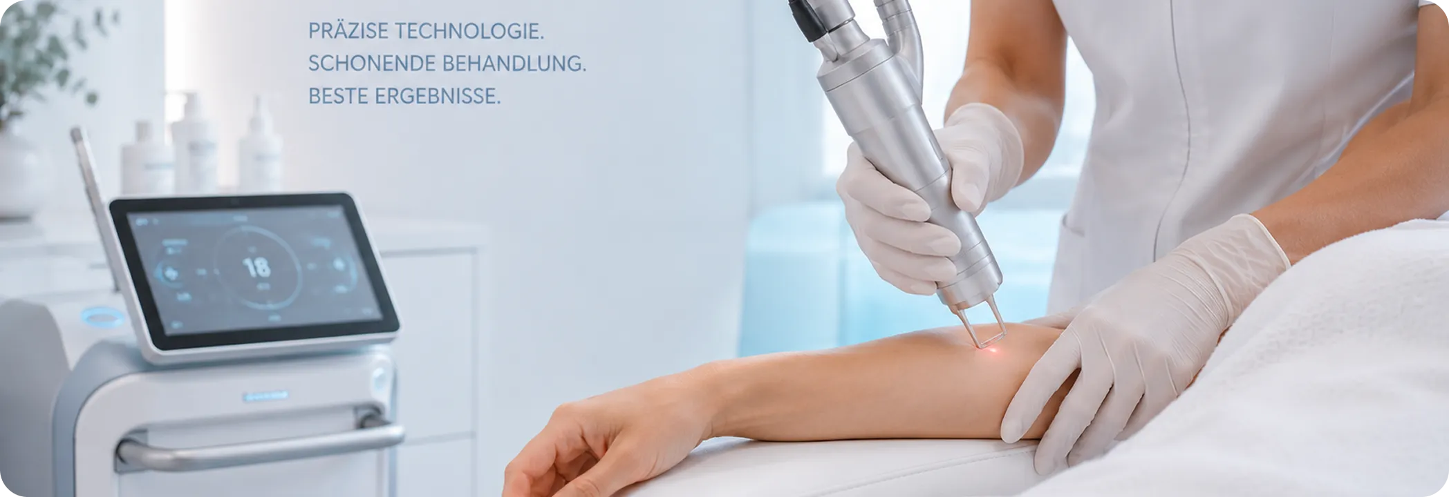 Medical professional using laser device on a patient's forearm in a clinical setting.