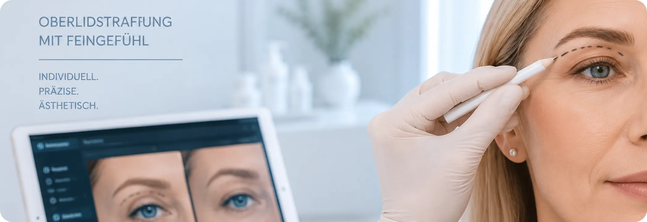 Close-up of woman with dotted lines above eyelid being marked for cosmetic surgery.