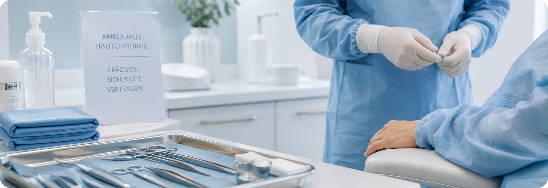 Surgical tools on a tray with a doctor preparing gloves and a patient in blue gown, medical room setting.