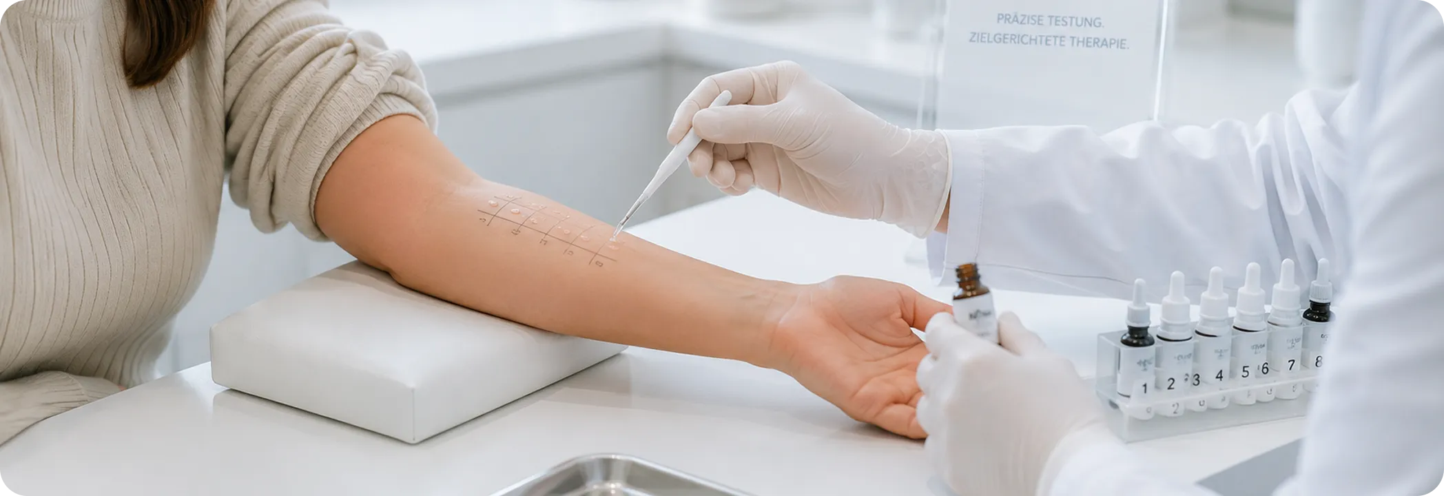 Doctor applying allergy test drops on patient’s forearm marked with a grid and numbers.
