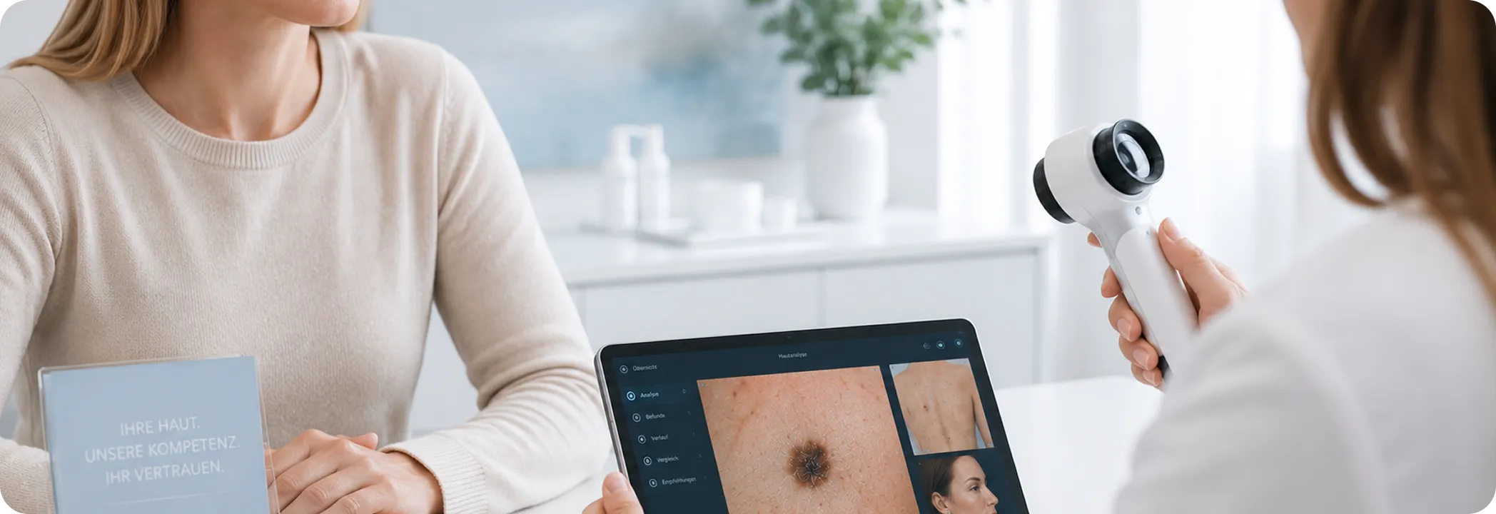 Dermatologist examining skin mole using a digital dermatoscope with images on a tablet screen.