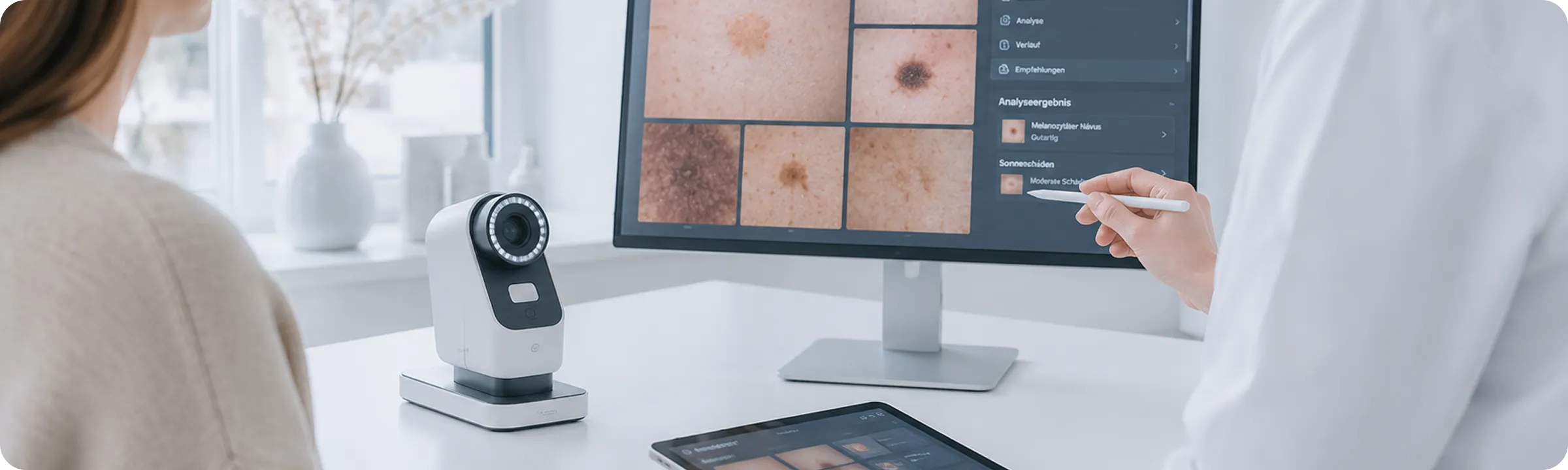 Doctor analyzing skin images on a monitor with a digital pen, a white camera device on desk, patient nearby.