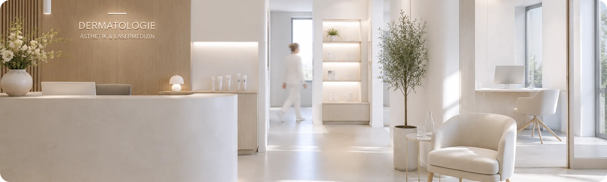 Bright, modern dermatology clinic reception with clean design, wood accents, plants, and a walking person.