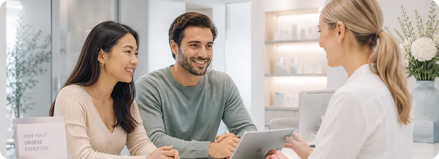 Smiling woman and man talking to a female professional holding a tablet at a bright desk.