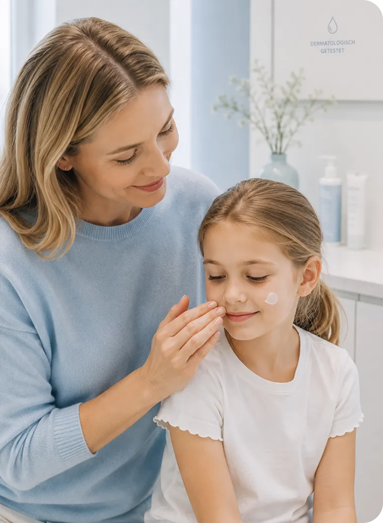 Mother gently applies cream on daughter's cheek in a bright bathroom with skincare products visible.