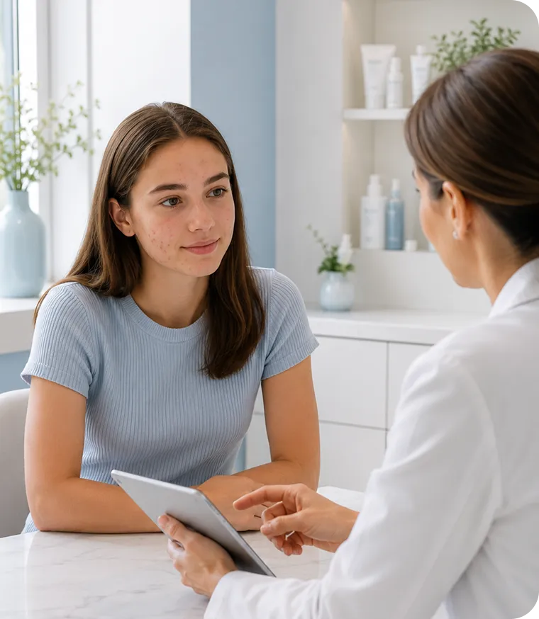 Teen girl with acne consulting a female doctor holding a tablet in a bright clinical office.
