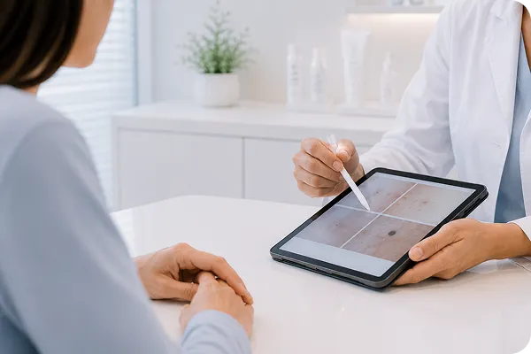 Doctor showing medical images on tablet to patient in a bright office during consultation.