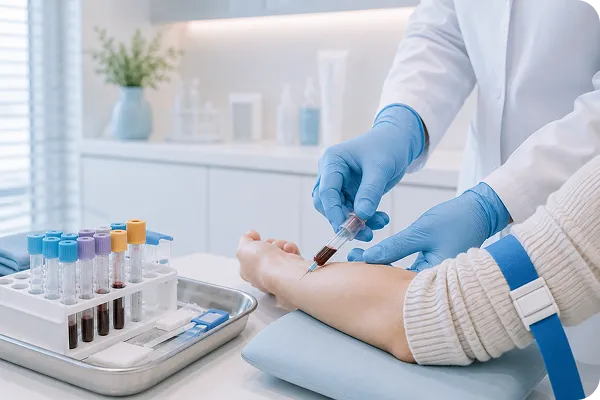 Medical professional wearing blue gloves draws blood from patient's arm using a syringe in a clinical setting.