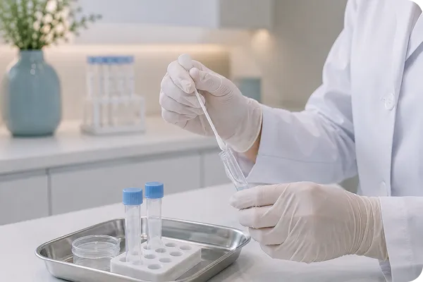 Laboratory technician in gloves using a swab to transfer a sample into a test tube.