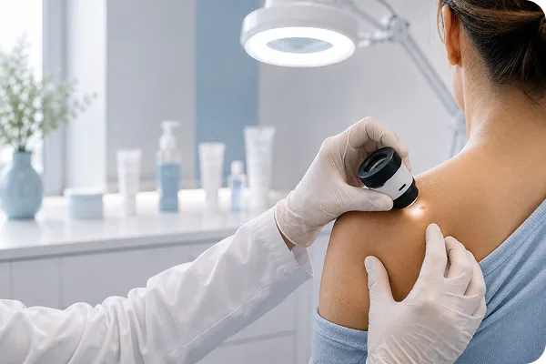 Doctor wearing gloves examining woman's shoulder skin with a dermatoscope in a clinical room.