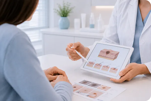 Doctor showing patient a skin condition diagram on a tablet during consultation.