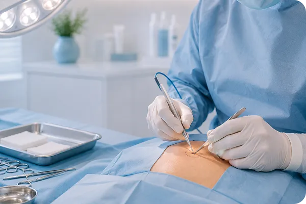Surgeon wearing gloves performs a precise surgical procedure on a patient's abdomen.