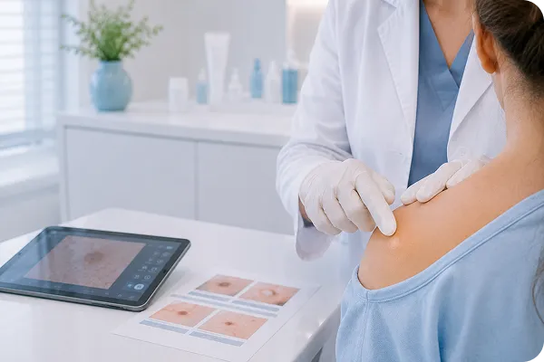 Doctor examining a patient's shoulder skin in a clinical setting with digital and print images nearby.