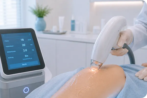 Close-up of laser hair removal device applying treatment to a person's leg in a clinical setting.