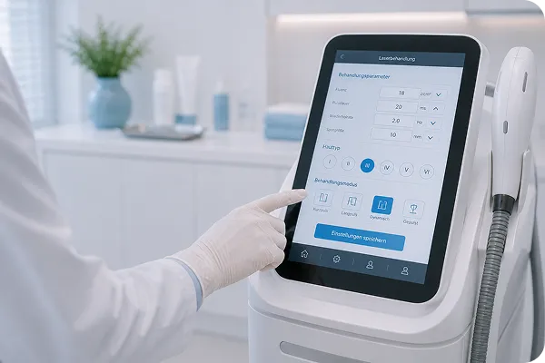 Gloved hand adjusting settings on a modern medical touchscreen device in a clinical room.