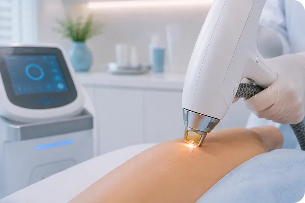 Laser device held by gloved hand applying treatment to a person's leg in a clinical setting.