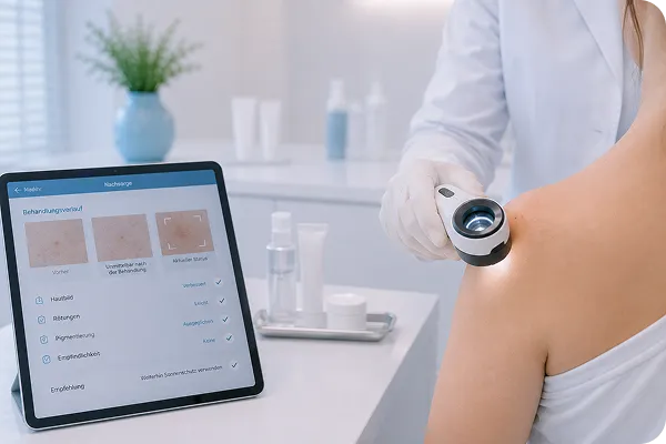 Dermatologist examines a patient's shoulder skin with a handheld device next to a tablet showing skin analysis.