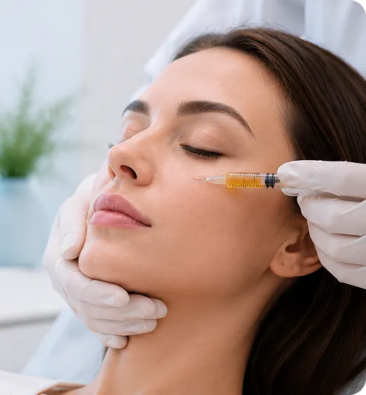 Close-up of a woman receiving a cosmetic injection on her cheek from a gloved hand.
