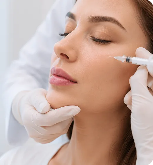 Close-up of woman receiving a cosmetic facial injection with gloved hands holding her face and syringe.