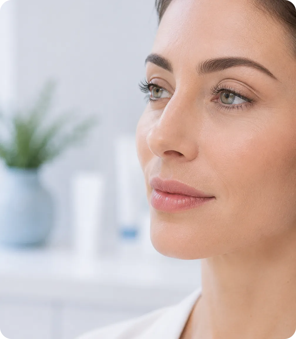 Close-up of a woman with smooth skin and natural makeup looking to the right.