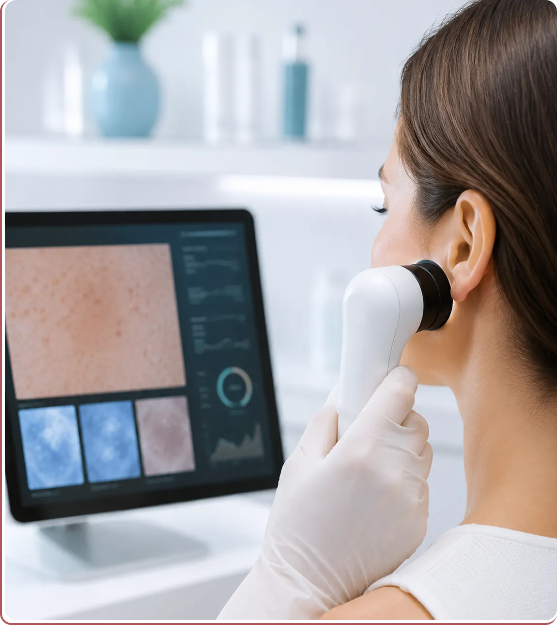 Person receives skin analysis on cheek with handheld device showing results on a computer screen.
