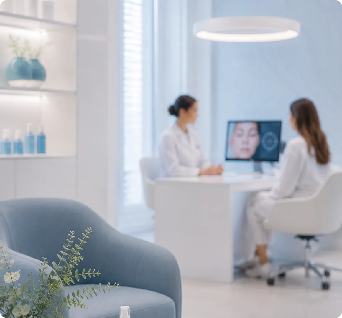 Modern medical consultation room with two doctors discussing skin analysis on a computer screen.