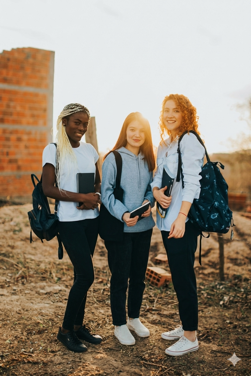 Three diverse young female students smiling outdoors with backpacks and books at sunset.