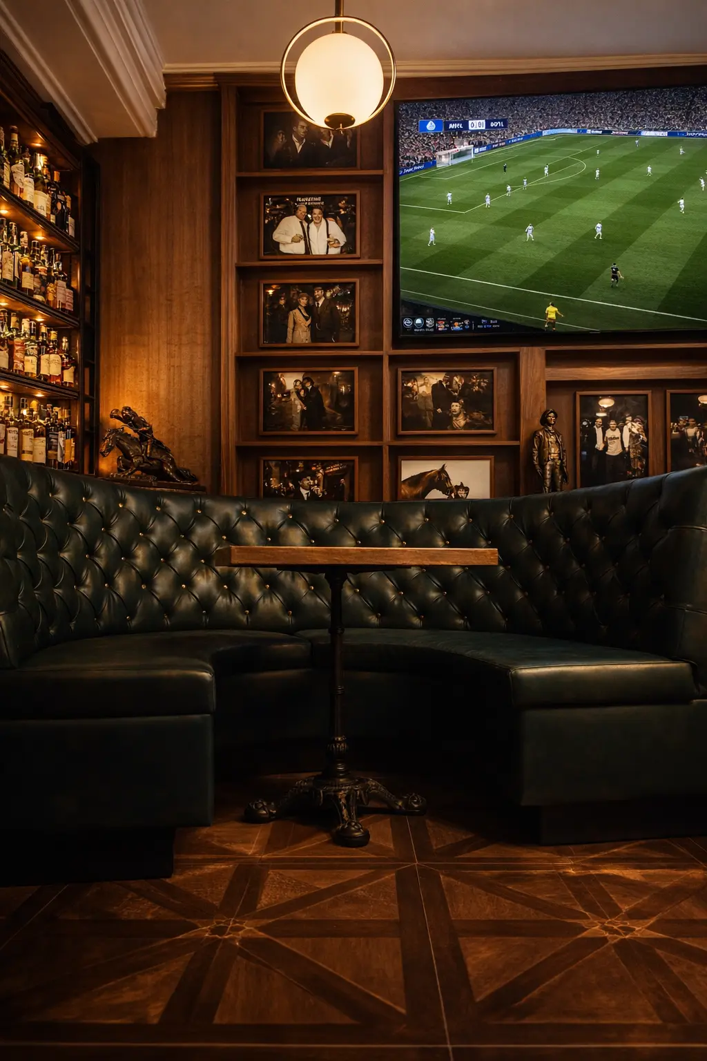 Cozy dark leather curved booth seating around a small wooden table in a warm, wood-paneled room with framed photos and a large TV showing a soccer game.