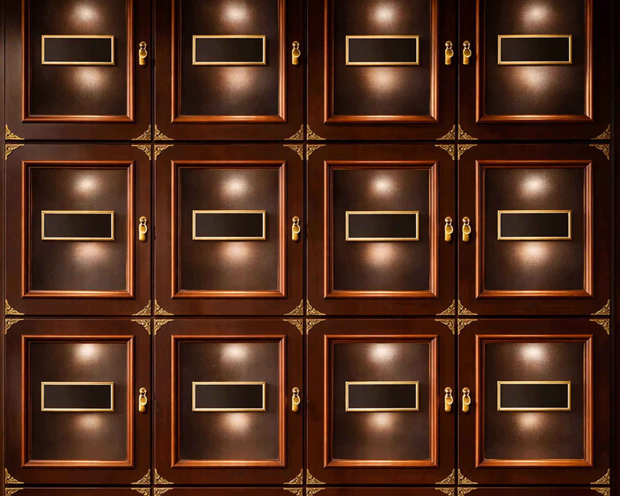 Vintage wooden post office boxes with brass locks and nameplates arranged in a grid.