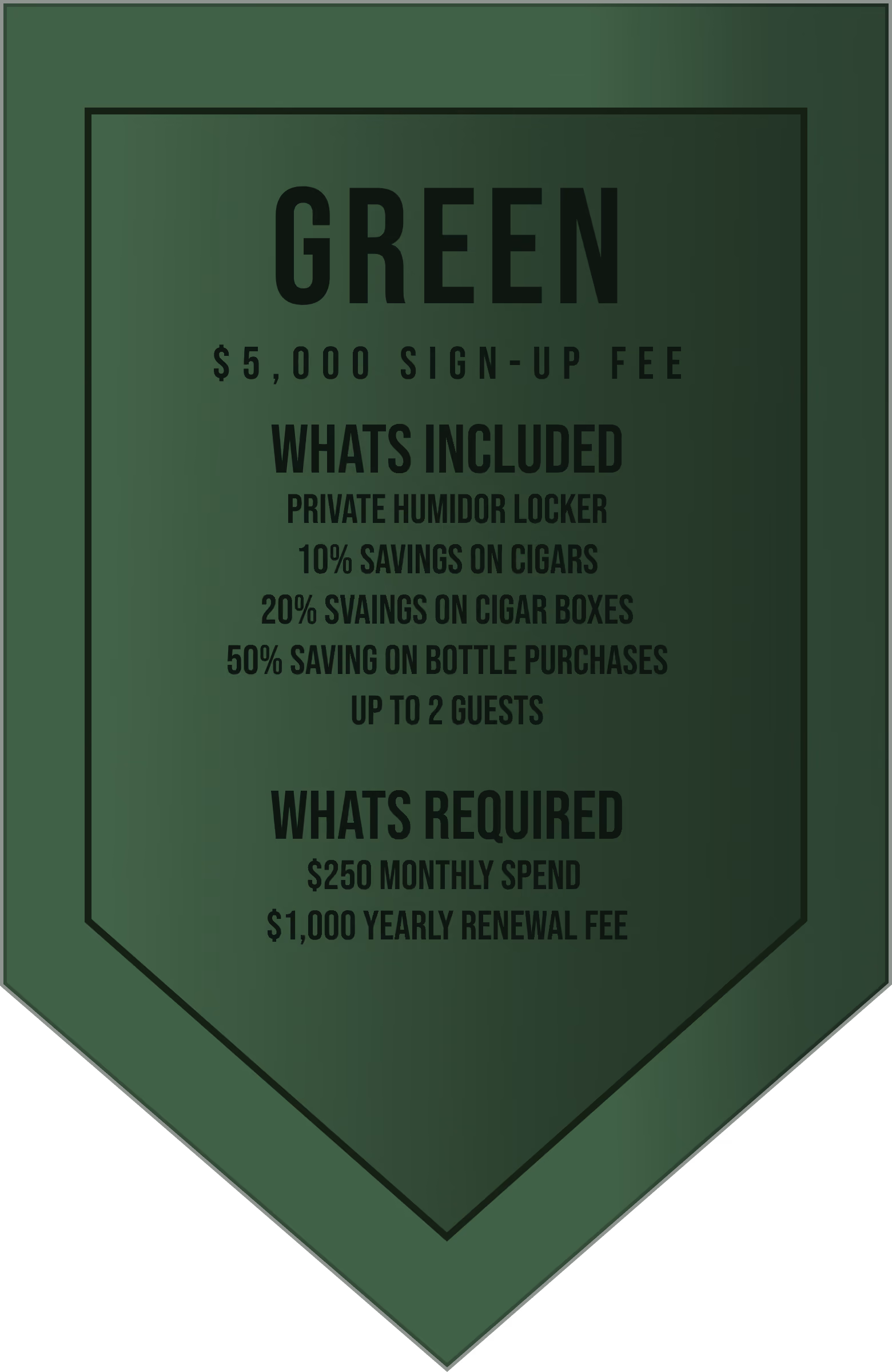 Green Tier membership card showing $5,000 sign-up fee, includes small private locker and up to 2 guests allowed, requires $250 monthly spend and $1,000 yearly renewal fee.