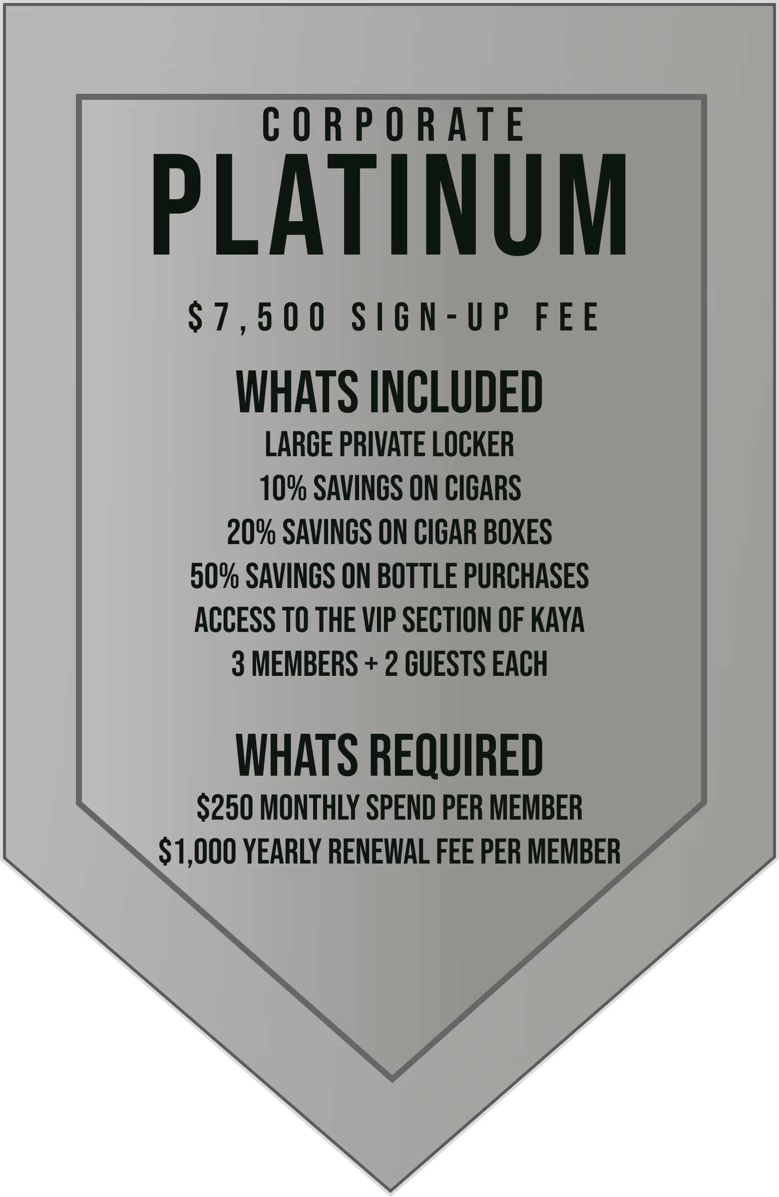 Platinum tier membership card detailing a $7,500 sign-up fee, with included benefits like large private locker, 10% off cigars and drinks, VIP access at Kaya for 3 members and 2 guests each, and requirements of $1,500 monthly spend and $3,000 yearly renewal fee.