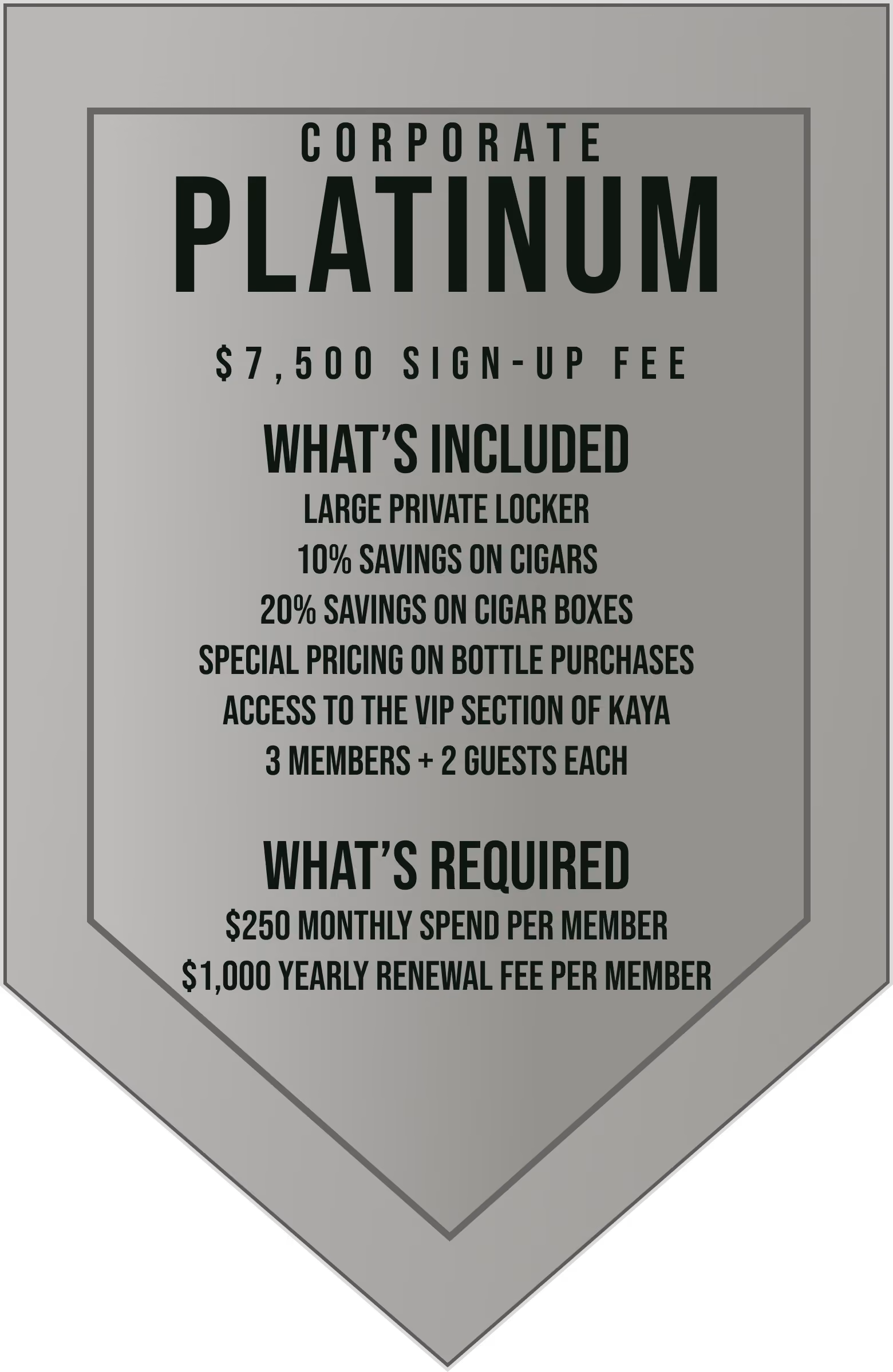 Platinum tier membership card detailing a $7,500 sign-up fee, with included benefits like large private locker, 10% off cigars and drinks, VIP access at Kaya for 3 members and 2 guests each, and requirements of $1,500 monthly spend and $3,000 yearly renewal fee.