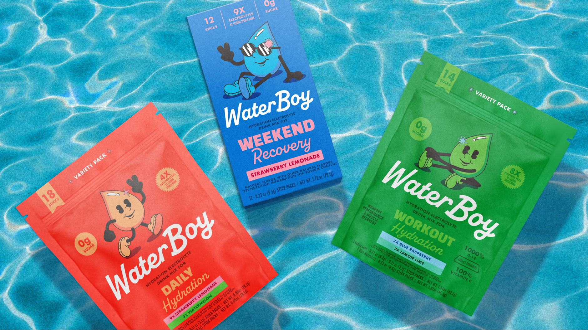 WaterBoy Daily, Weekend, and Workout hydration drink mix variety packs floating on a sunlit pool surface.