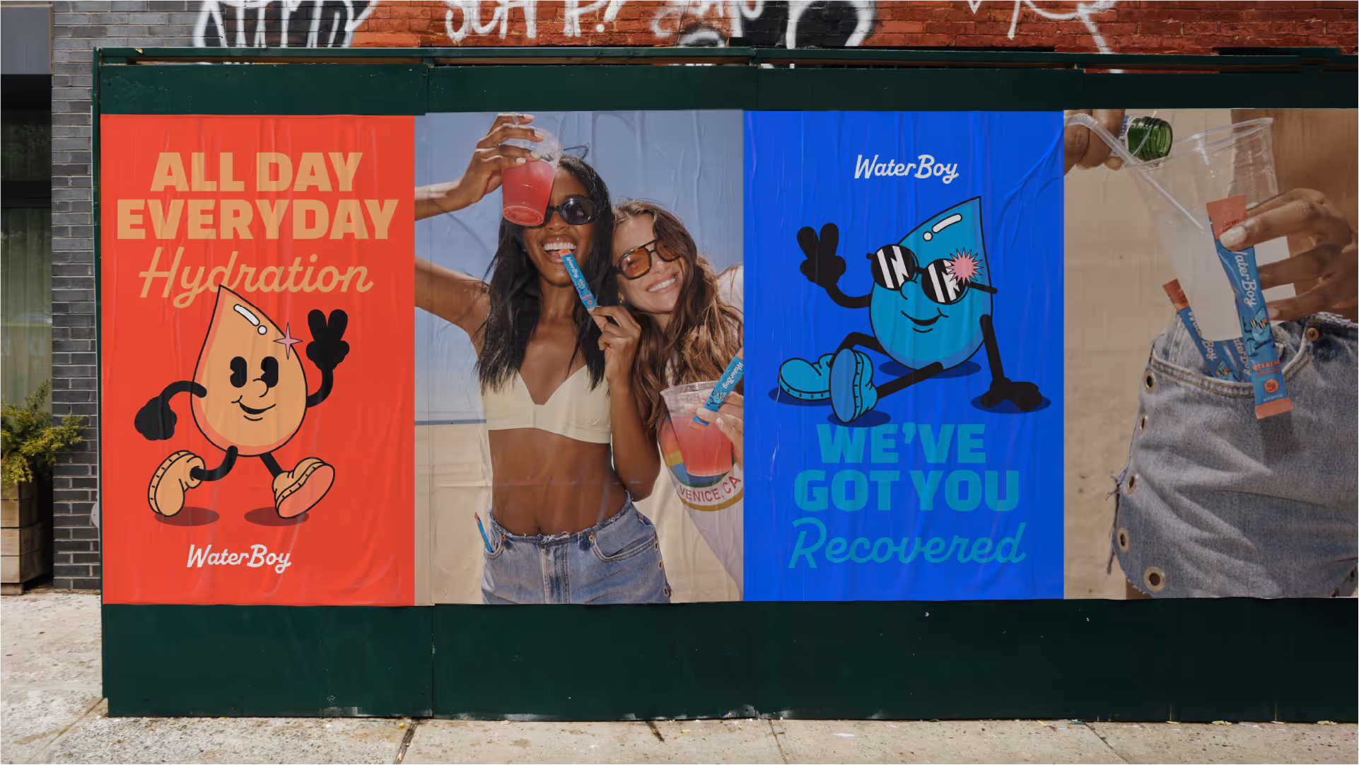 WaterBoy outdoor advertising posters featuring the water drop mascot and the headline We've Got You Recovered.