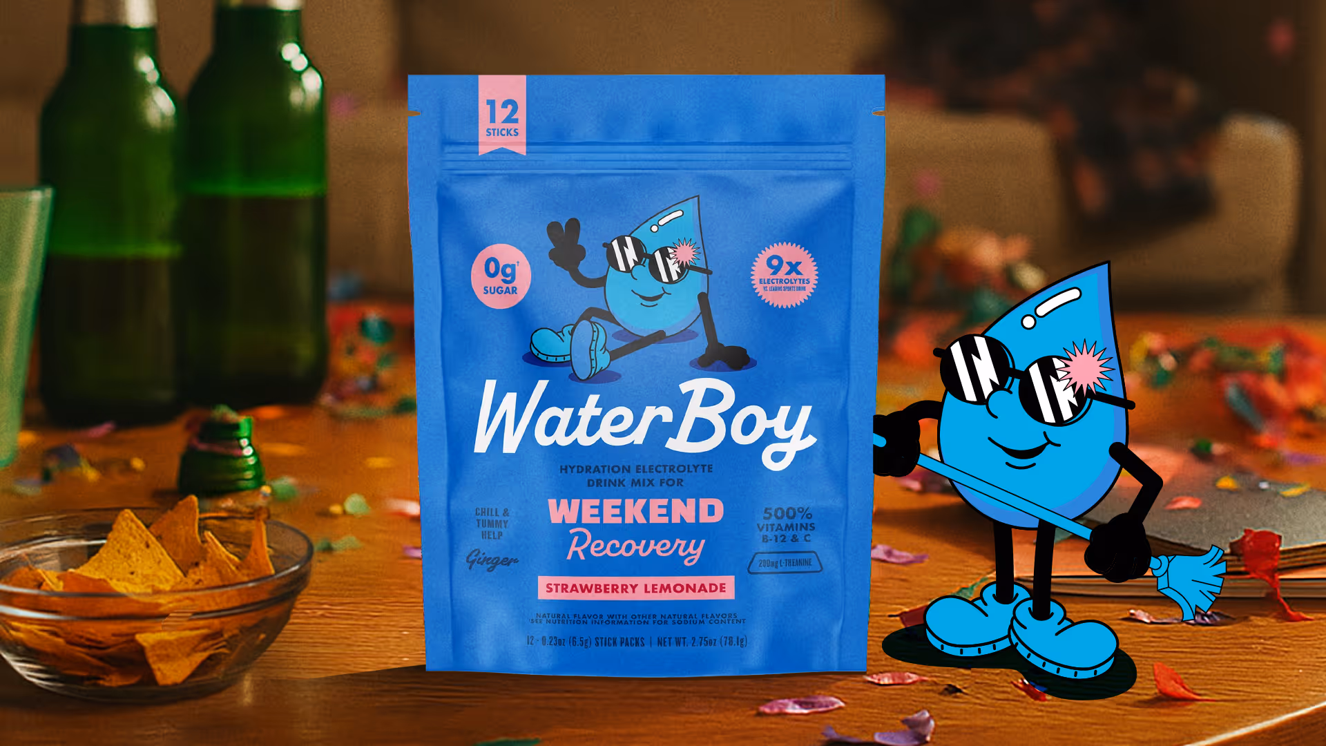 WaterBoy Weekend Recovery strawberry lemonade packaging in a party scene with the sunglasses-wearing mascot.